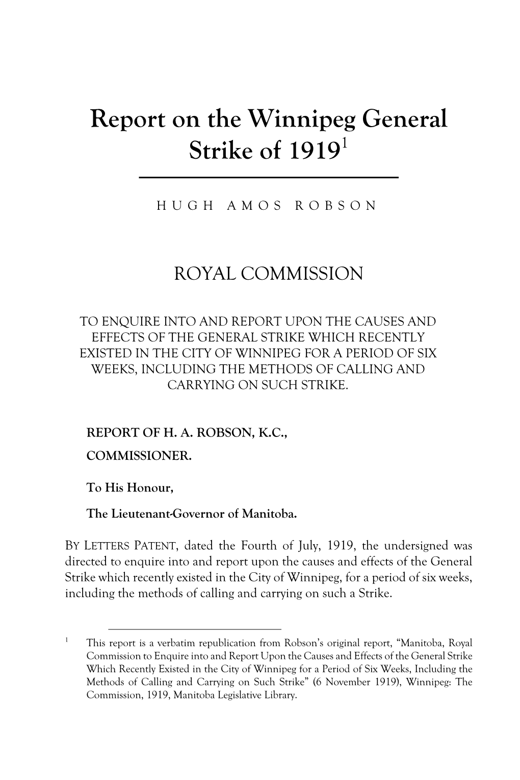 Report on the Winnipeg General Strike of 19191