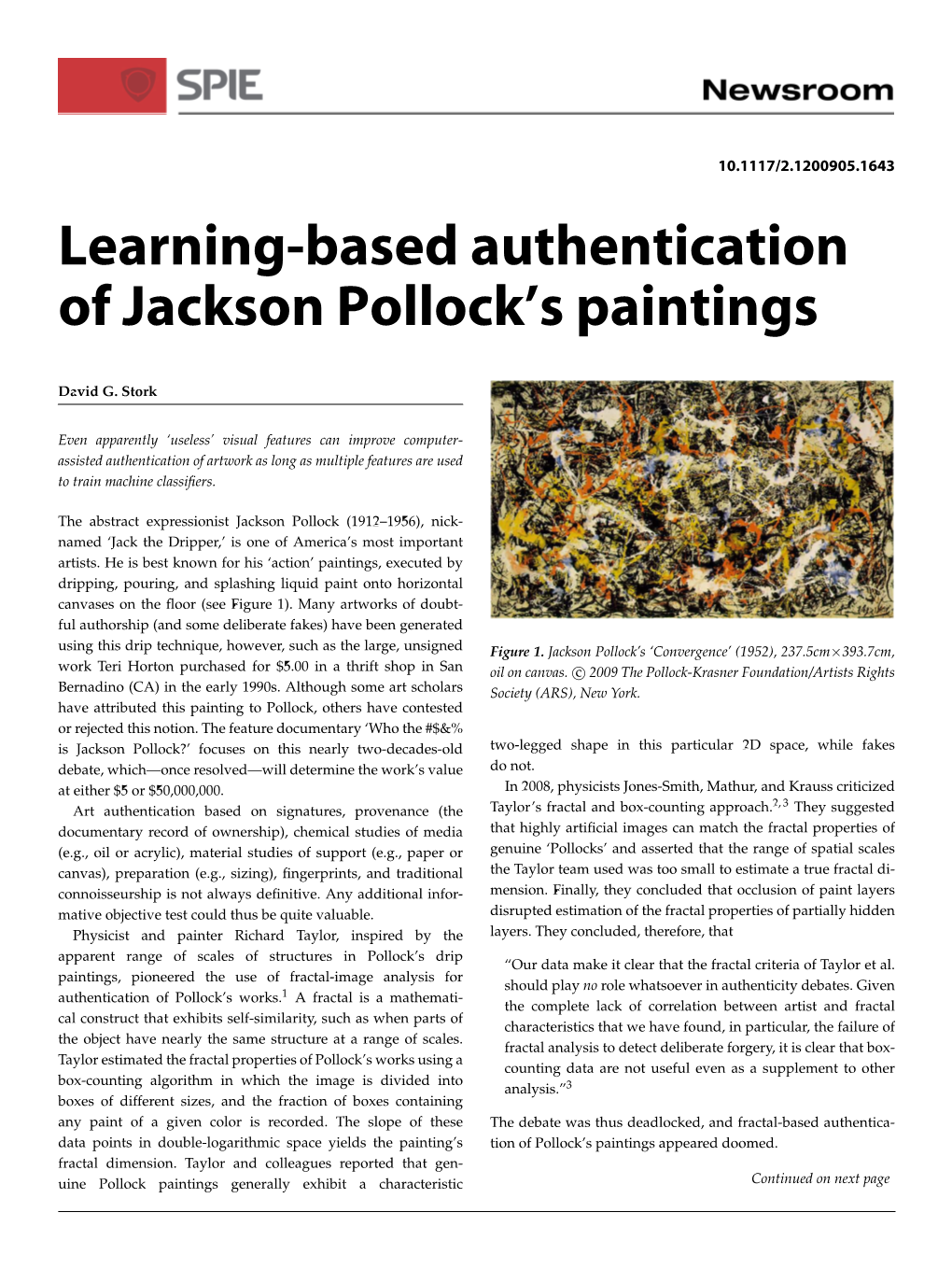 Learning-Based Authentication of Jackson Pollock's Paintings
