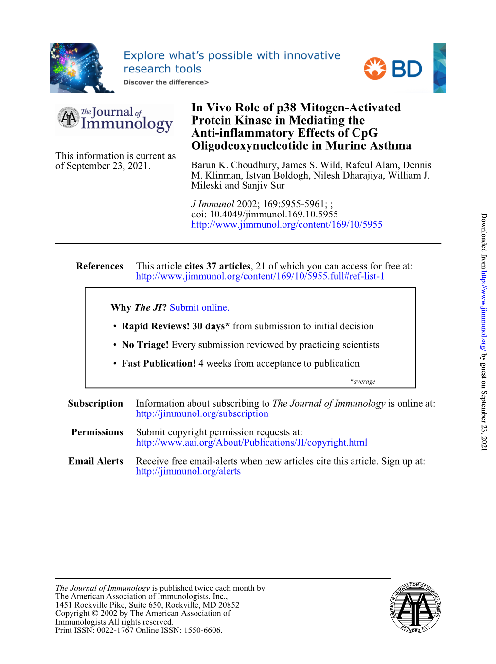 Oligodeoxynucleotide in Murine Asthma Anti-Inflammatory Effects Of