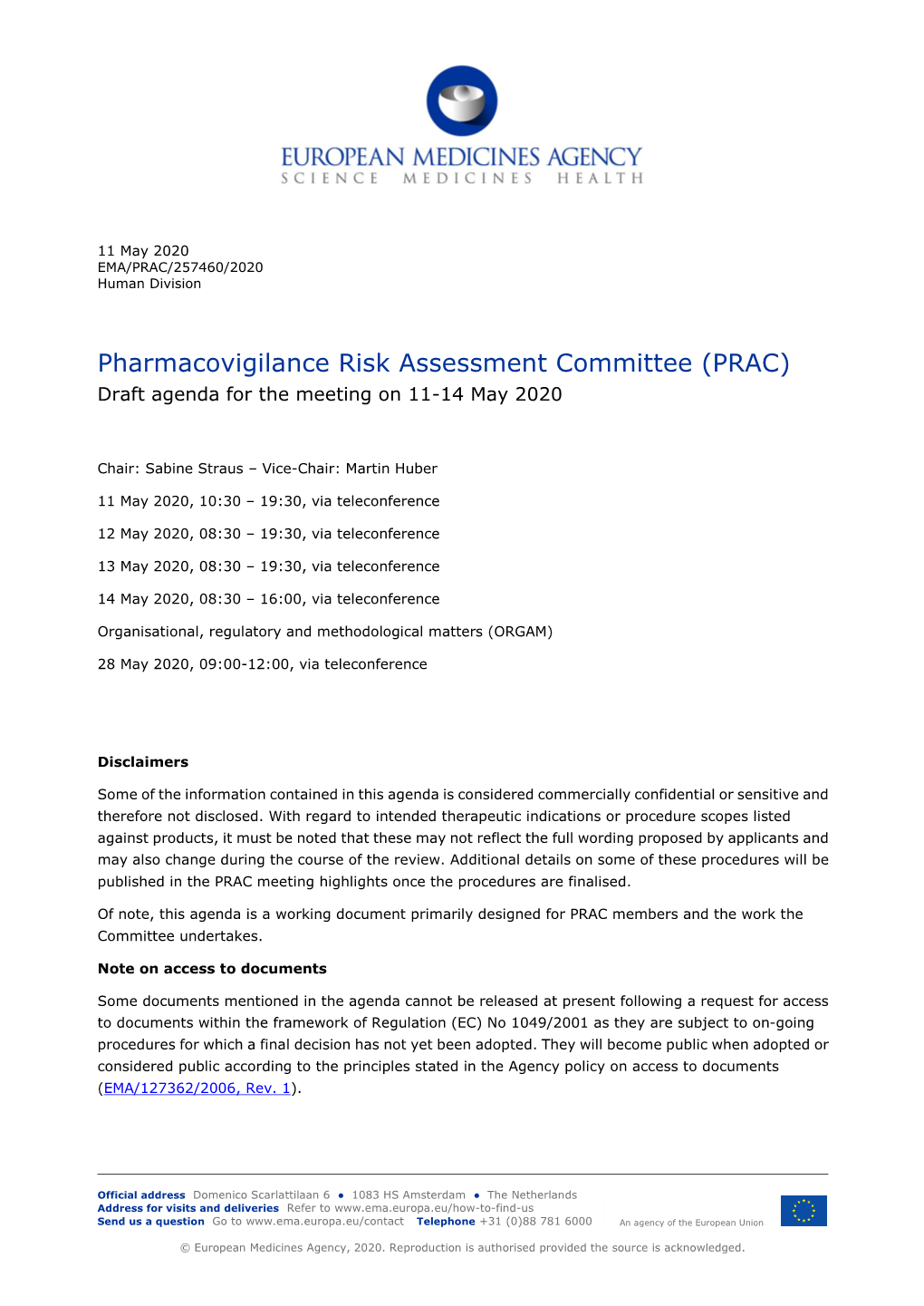 PRAC Draft Agenda of Meeting 11-14 May 2020