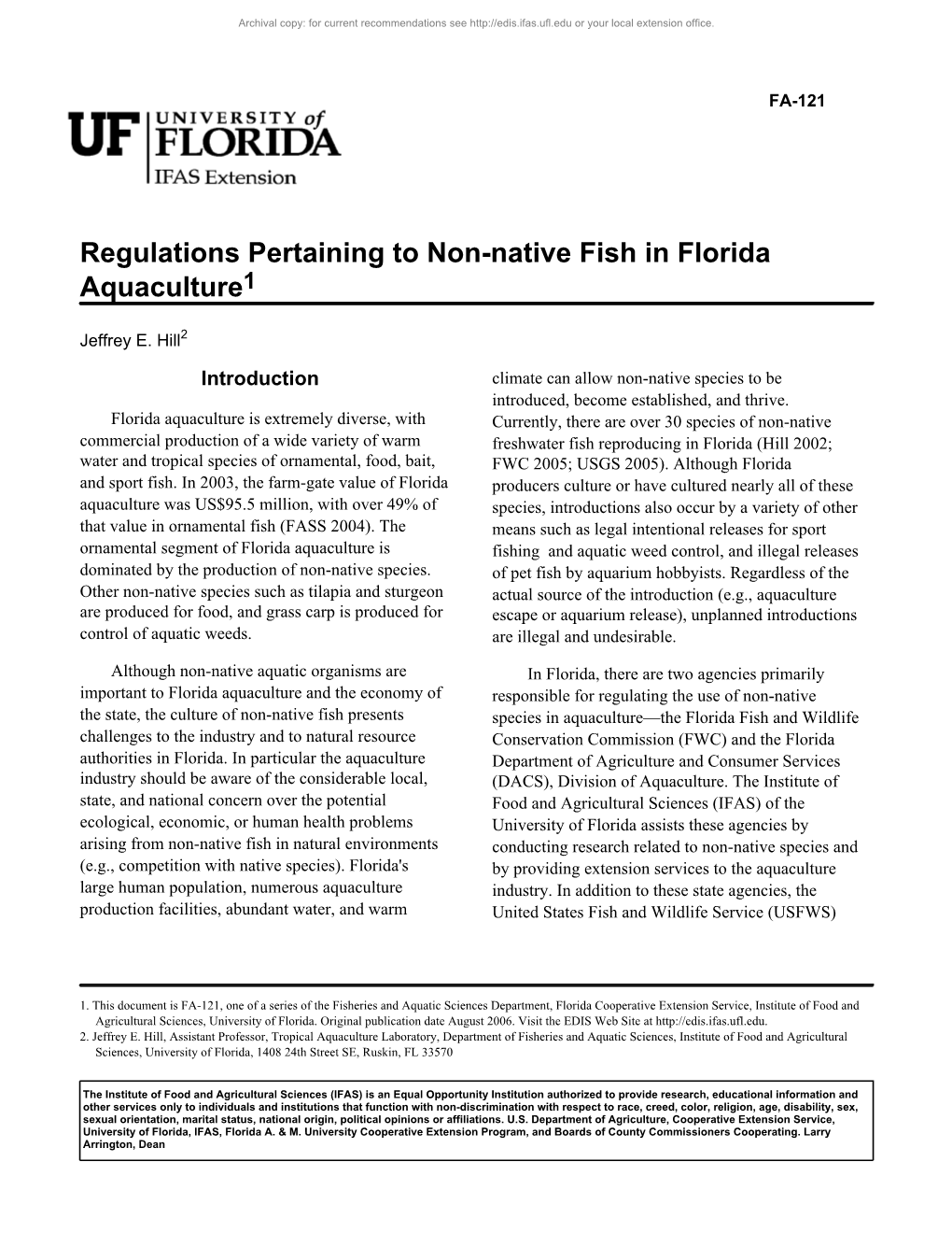 Regulations Pertaining to Non-Native Fish in Florida Aquaculture1