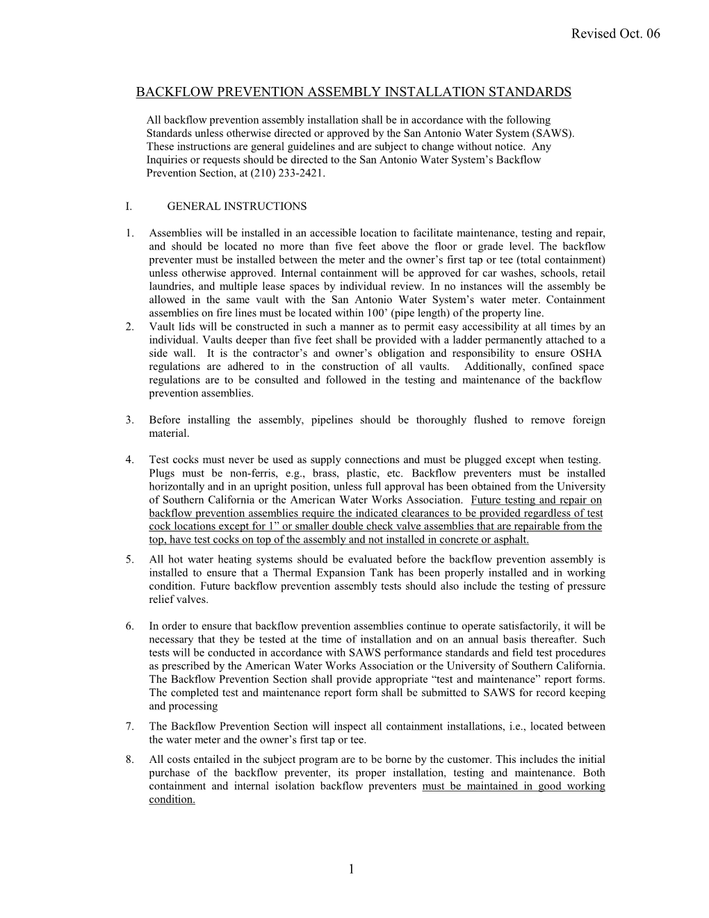 Backflow Prevention Assembly Installation Standards