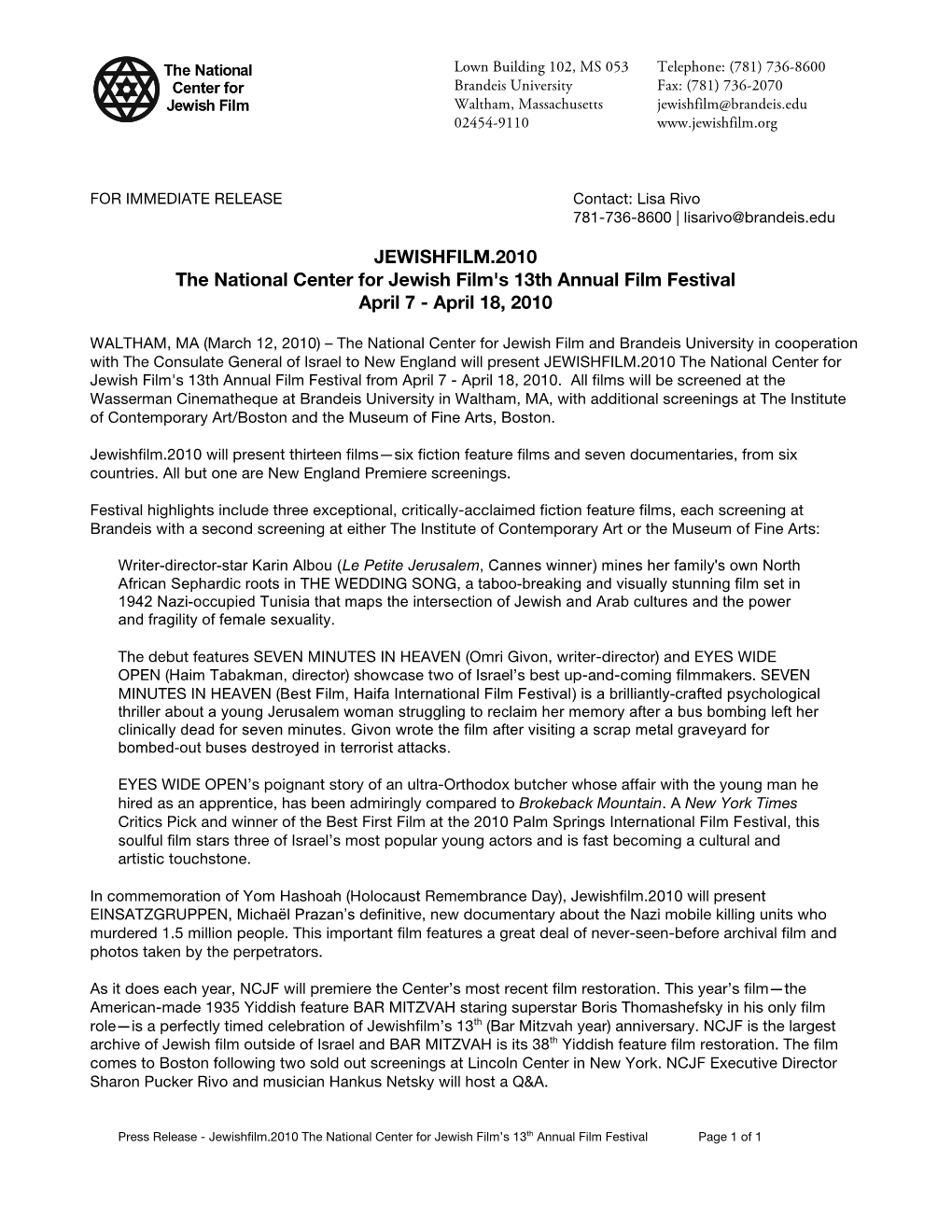 Press Release - Jewishfilm.2010 the National Center for Jewish Film’S 13Th Annual Film Festival Page 1 of 1