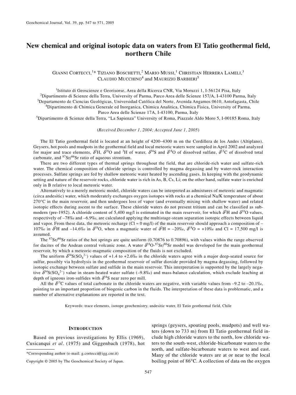 New Chemical and Original Isotopic Data on Waters from El Tatio Geothermal Field, Northern Chile