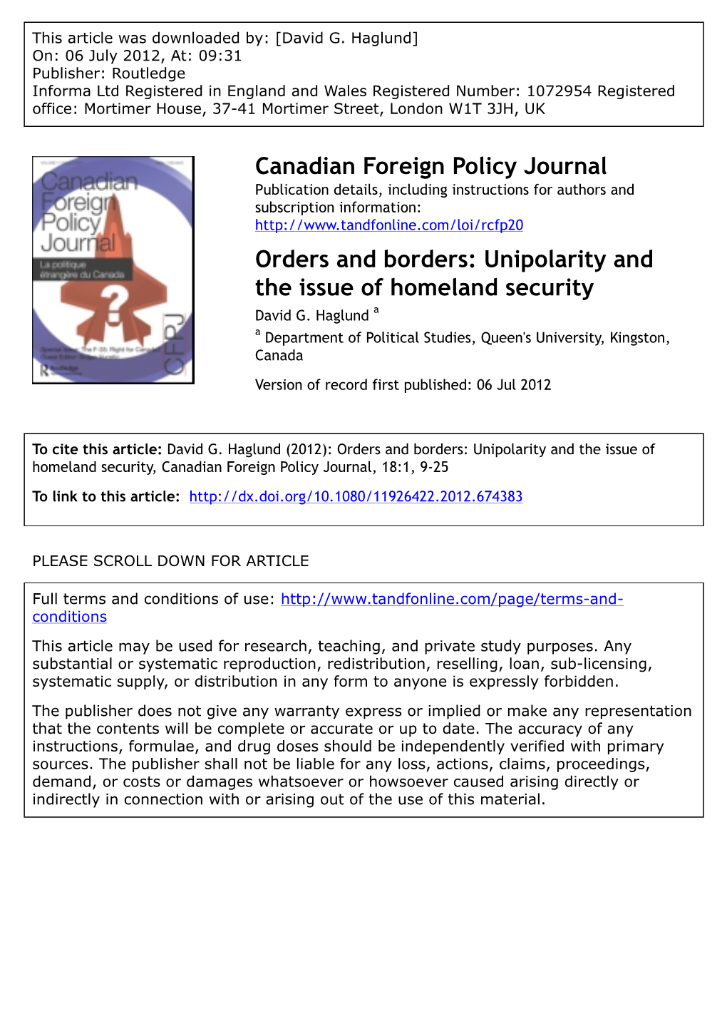 Orders and Borders: Unipolarity and the Issue of Homeland Security David G