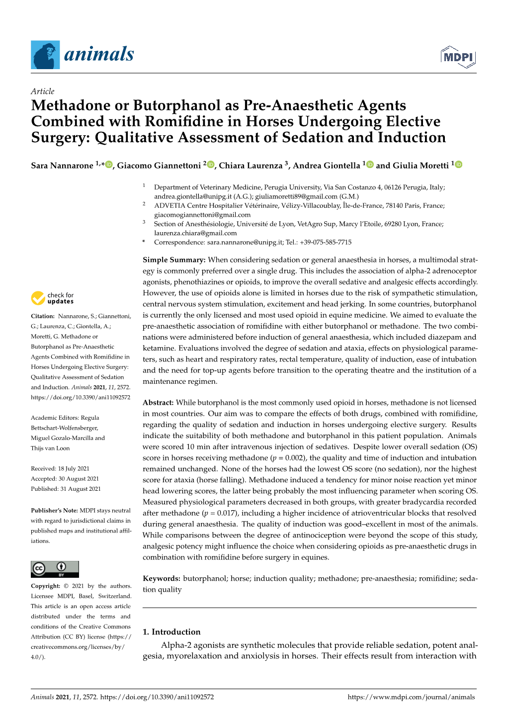 Methadone Or Butorphanol As Pre-Anaesthetic Agents Combined with Romiﬁdine in Horses Undergoing Elective Surgery: Qualitative Assessment of Sedation and Induction