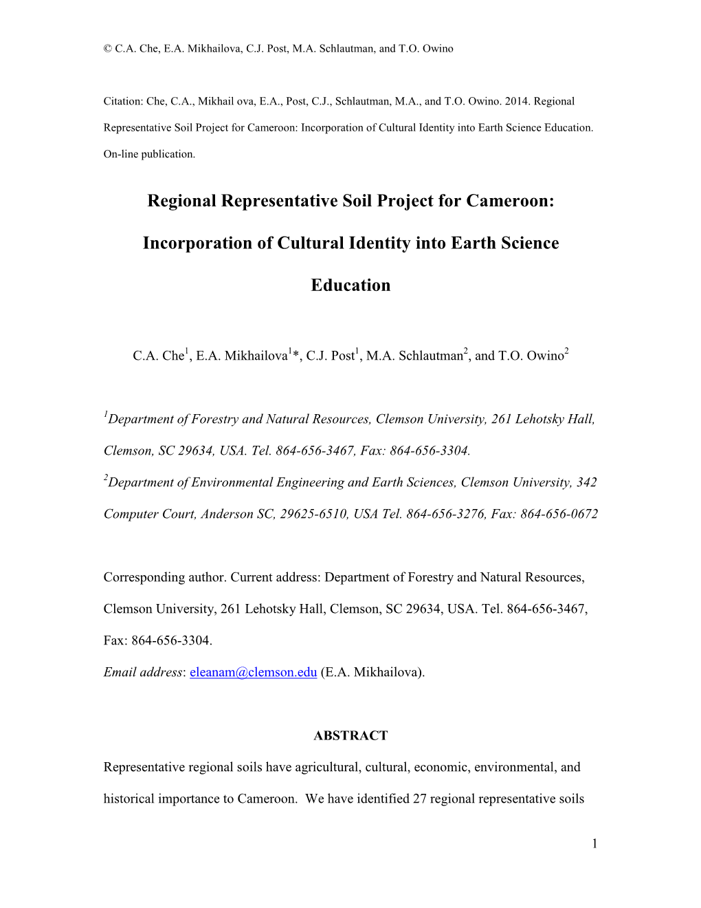 Regional Representative Soil Project for Cameroon: Incorporation of Cultural Identity Into Earth Science Education