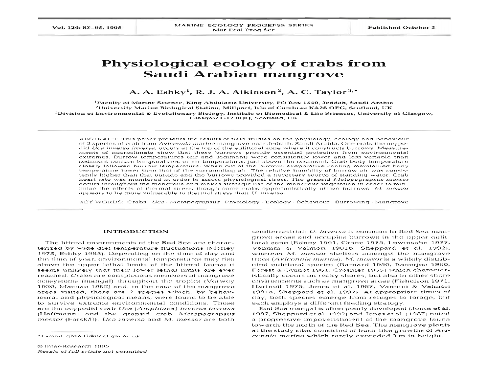 Physiological Ecology of Crabs from Saudi Arabian Mangrove