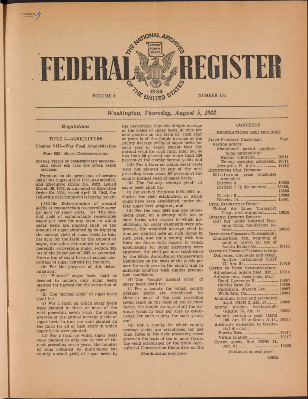 FEDERAL REGISTE 7 5 * ' 1934 NUMBER 154 VOLUME 8 ^ T/A F It E O ^