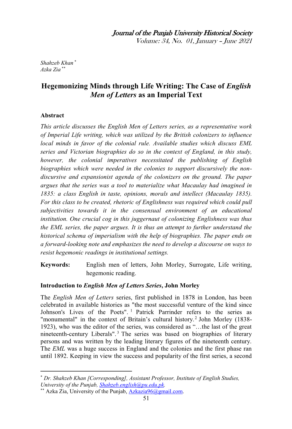 Hegemonizing Minds Through Life Writing: the Case of English Men of Letters As an Imperial Text