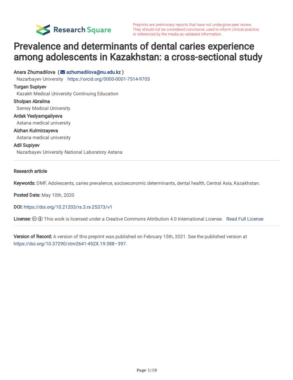 Prevalence and Determinants of Dental Caries Experience Among Adolescents in Kazakhstan: a Cross-Sectional Study