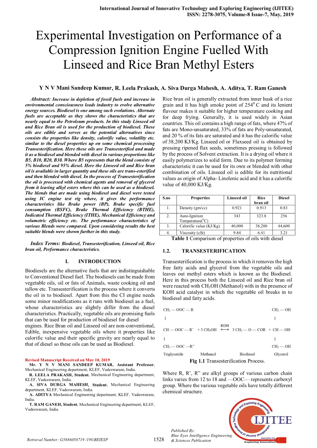 Experimental Investigation on Performance of a Compression Ignition Engine Fuelled with Linseed and Rice Bran Methyl Esters