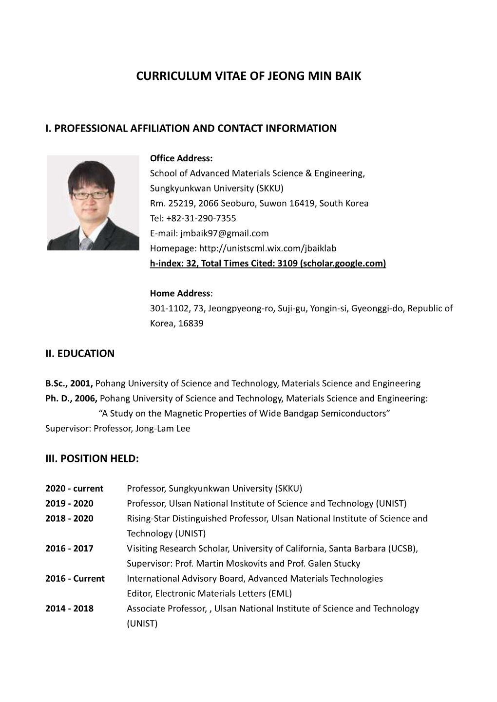 Curriculum Vitae of Jeong Min Baik