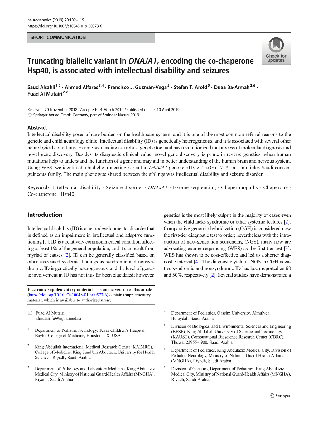 Truncating Biallelic Variant in DNAJA1, Encoding the Co-Chaperone Hsp40, Is Associated with Intellectual Disability and Seizures