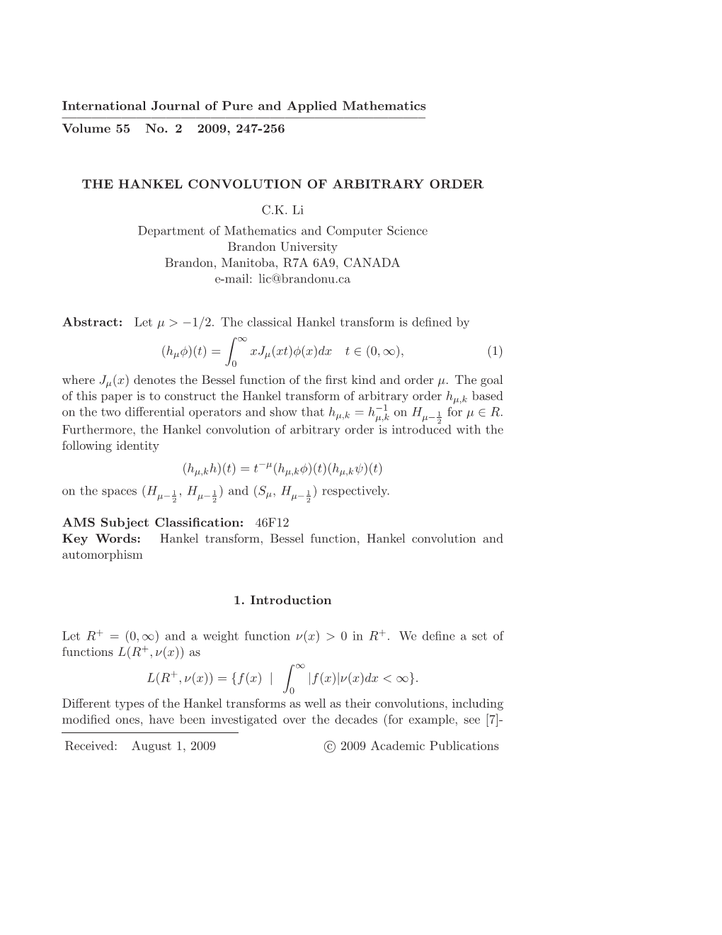 International Journal of Pure and Applied Mathematics ————————————————————————– Volume 55 No