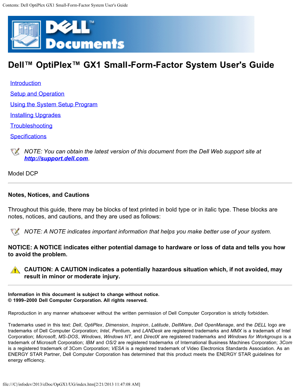 Dell Optiplex GX1 Small-Form-Factor System User's Guide
