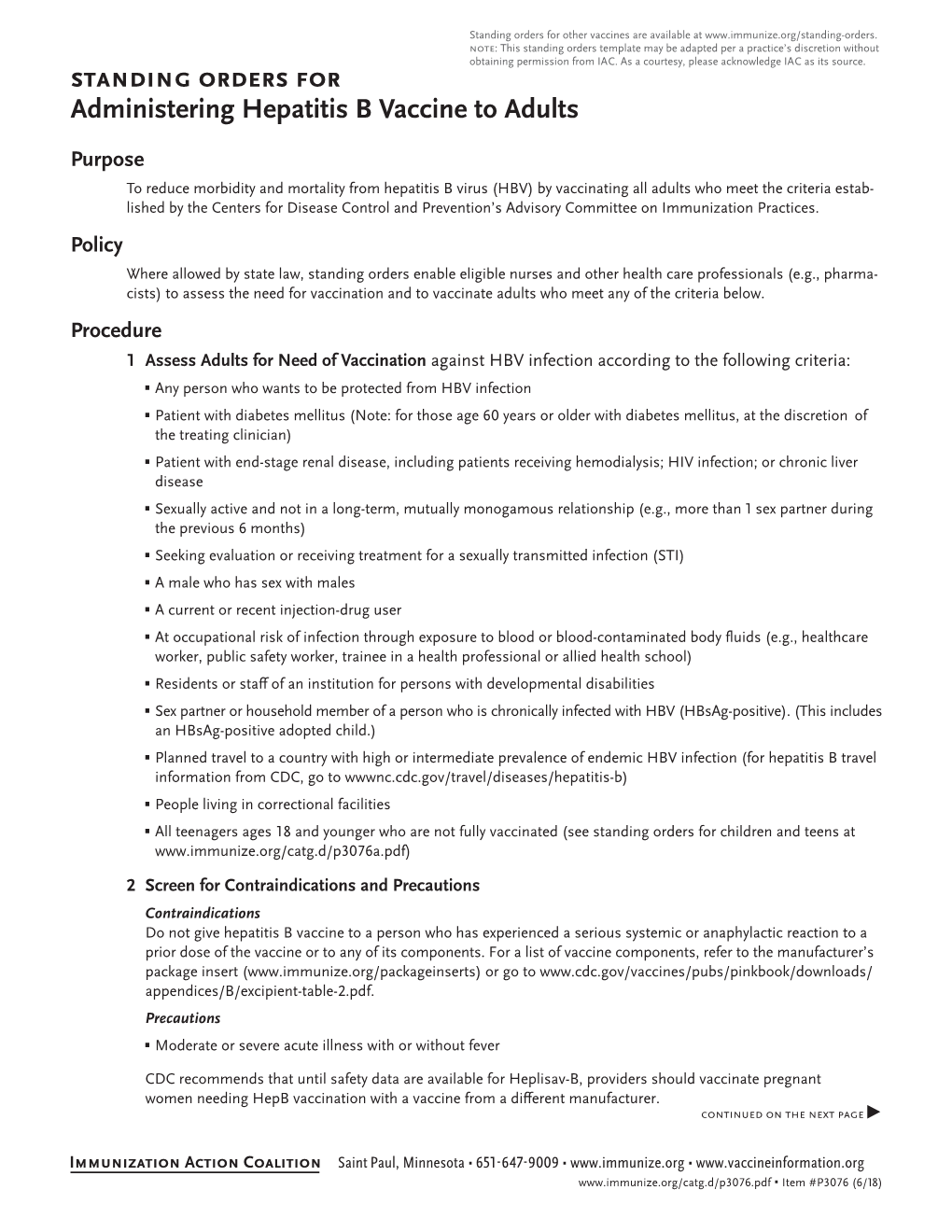 Standing Orders for Administering Hepatitis B Vaccine to Adults