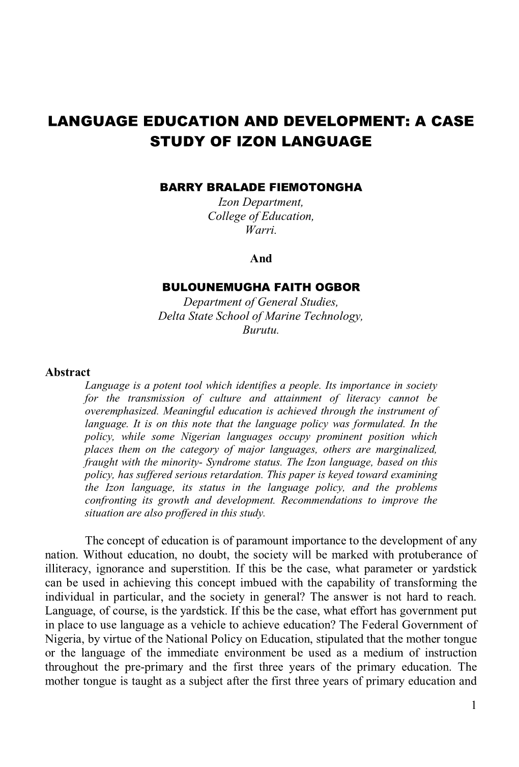 Language Education and Development: a Case Study of Izon Language