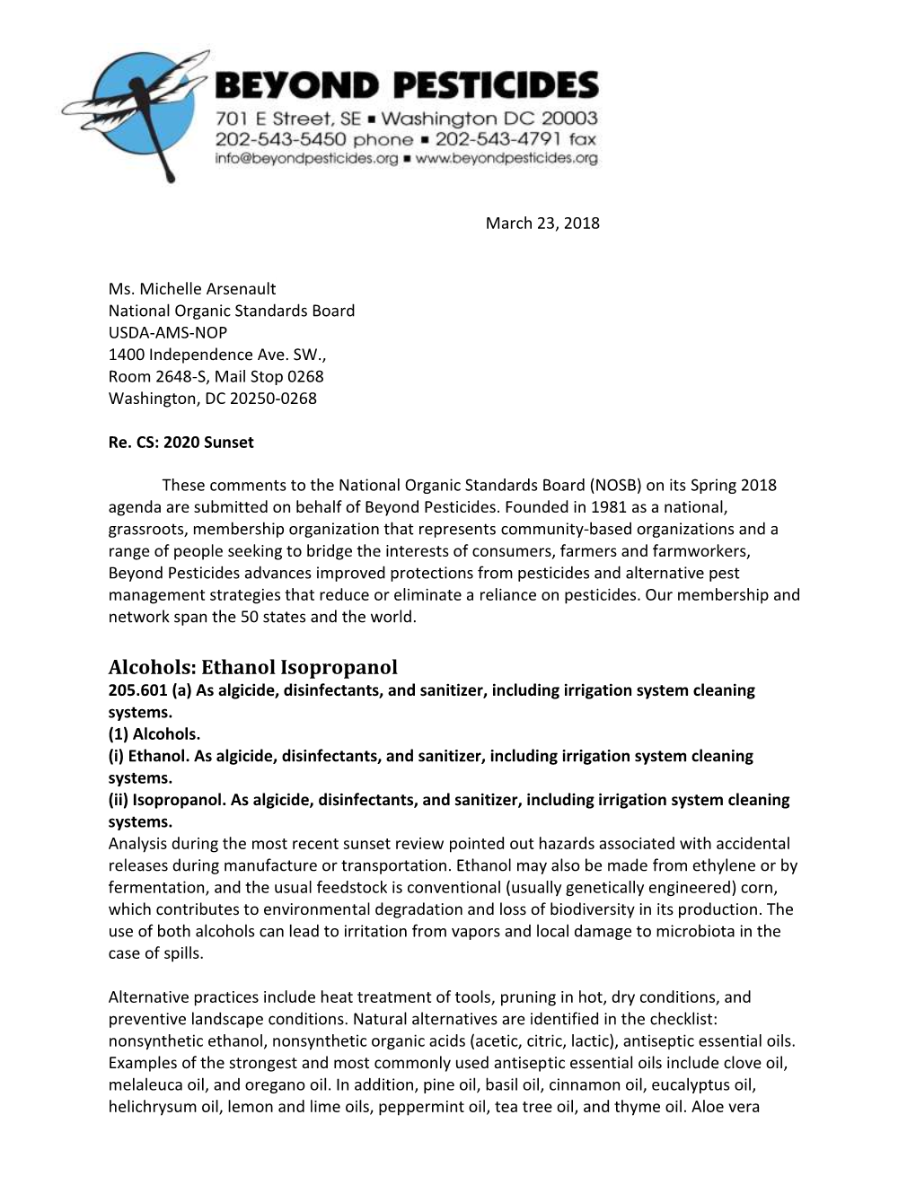 Alcohols: Ethanol Isopropanol 205.601 (A) As Algicide, Disinfectants, and Sanitizer, Including Irrigation System Cleaning Systems