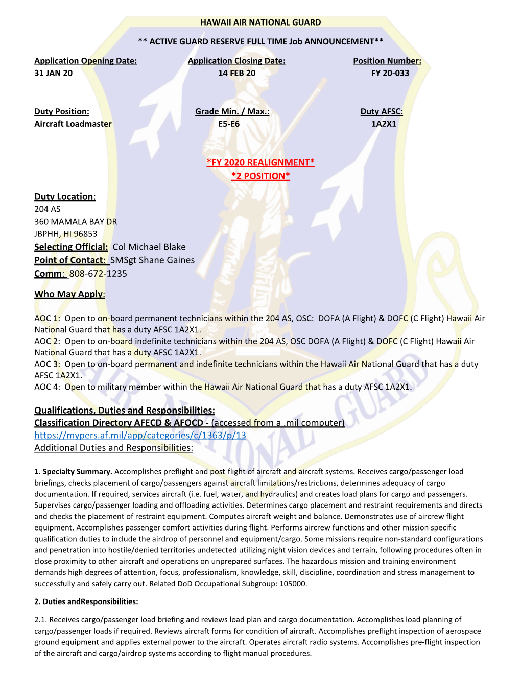 *FY 2020 REALIGNMENT* *2 POSITION* Duty Location