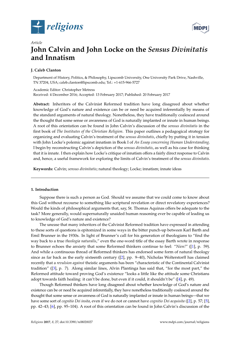 John Calvin and John Locke on the Sensus Divinitatis and Innatism