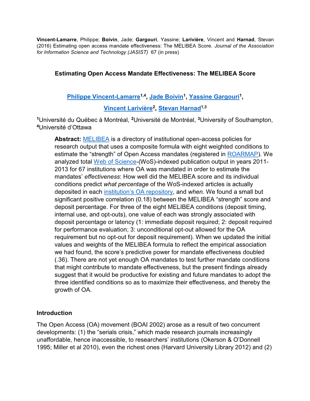 Estimating Open Access Mandate Effectiveness: the MELIBEA Score