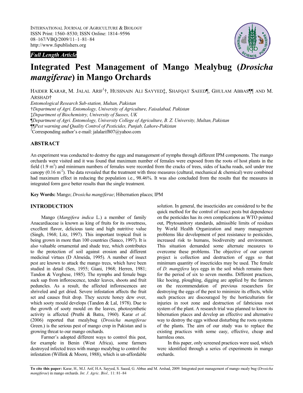 Integrated Pest Management of Mango Mealybug (Drosicha Mangiferae) in Mango Orchards