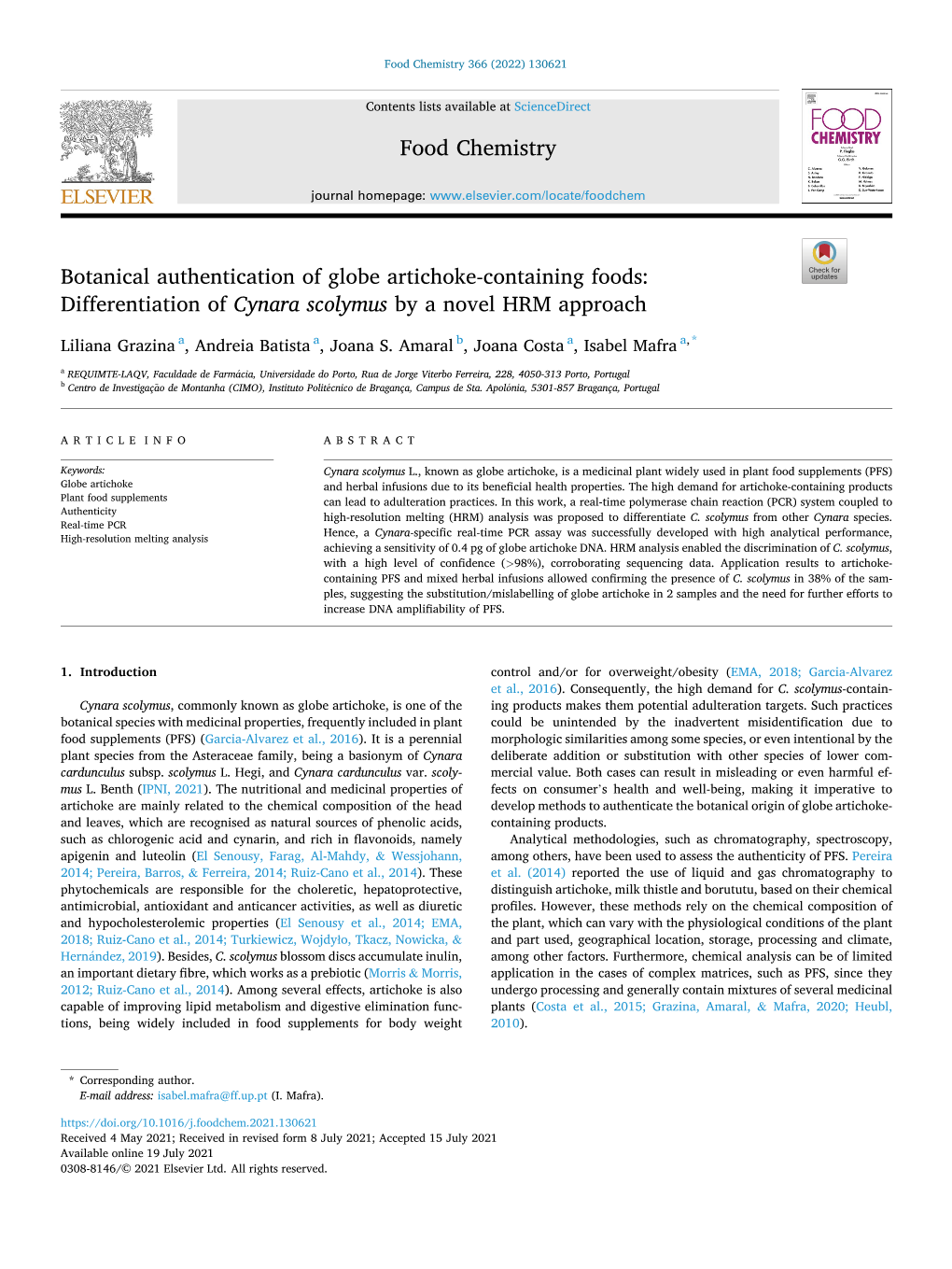 Botanical Authentication of Globe Artichoke-Containing Foods: Differentiation of Cynara Scolymus by a Novel HRM Approach