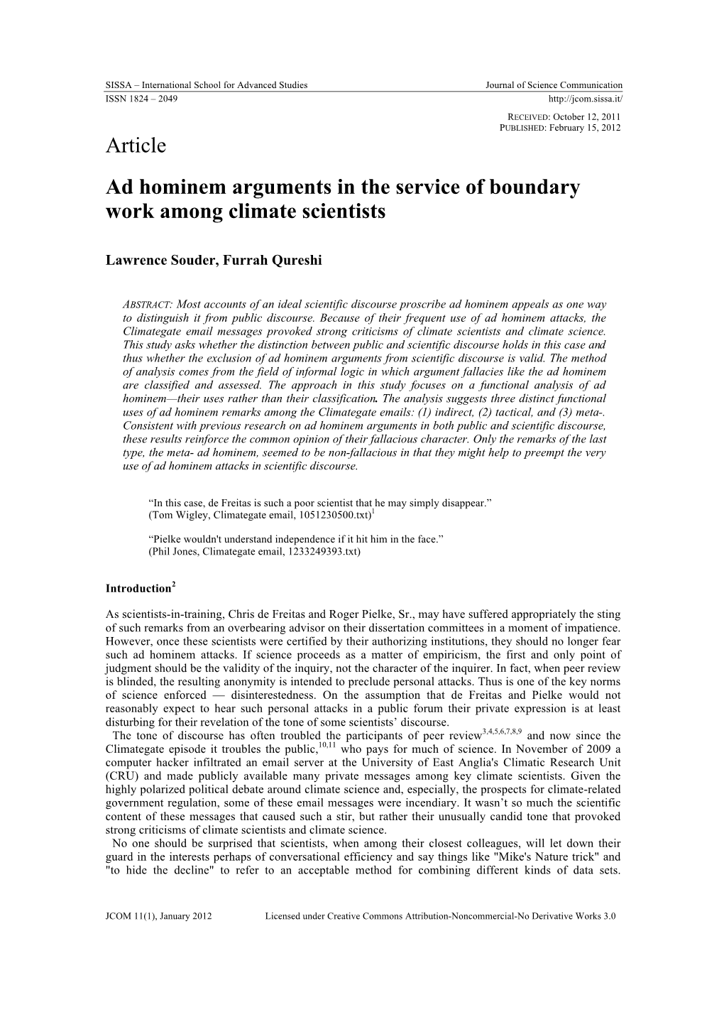 Ad Hominem Arguments in the Service of Boundary Work Among Climate Scientists
