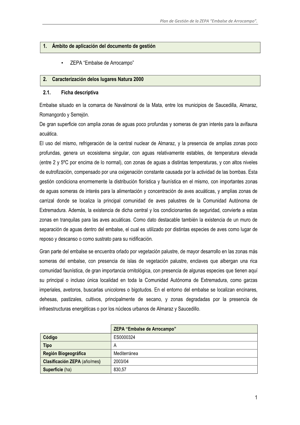 Plan De Gestión De La ZEPA “Embalse De Arrocampo”