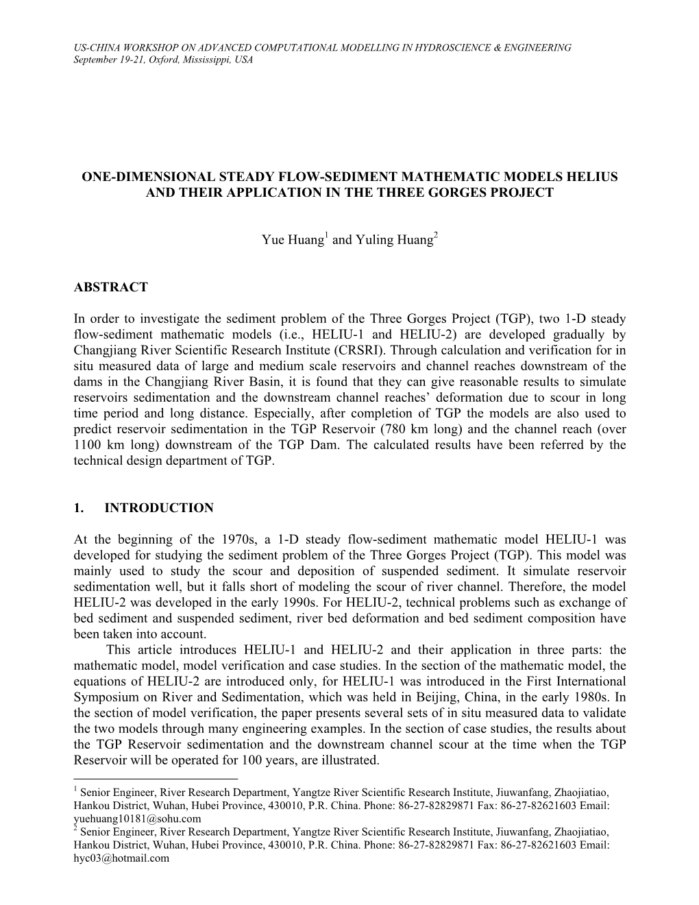 One-Dimensional Steady Flow-Sediment Mathematic Models Helius and Their Application in the Three Gorges Project