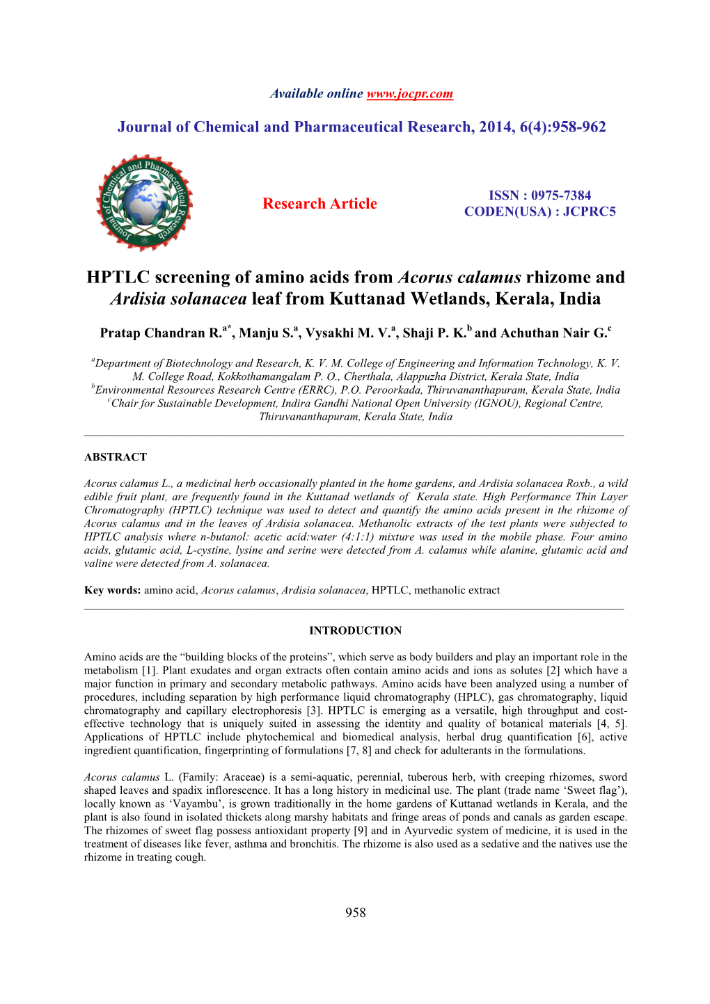 HPTLC Screening of Amino Acids from Acorus Calamus Rhizome and Ardisia Solanacea Leaf from Kuttanad Wetlands, Kerala, India