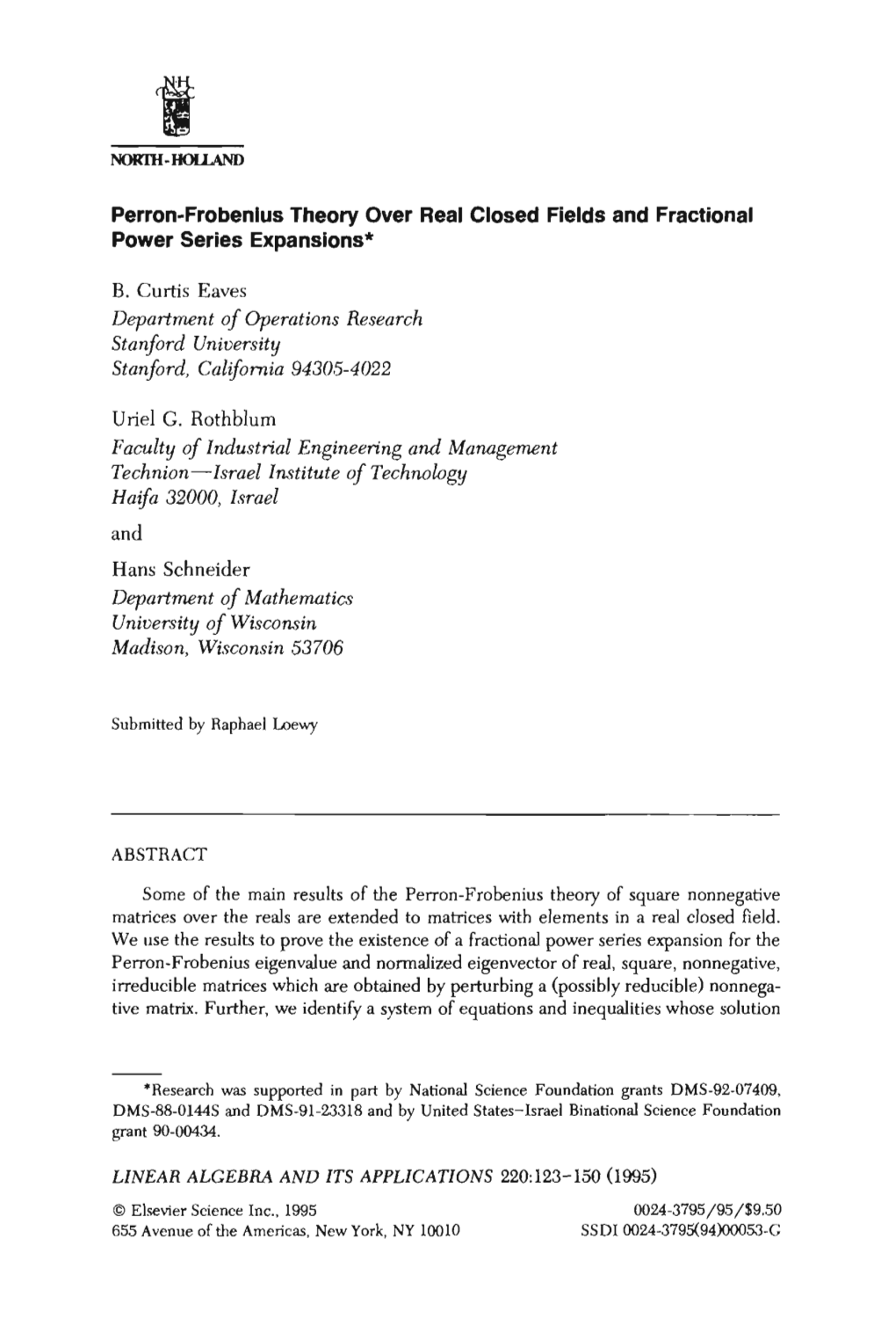 Perron-Frobenlus Theory Over Real Closed Fields and Fractional Power Series Expanslons*