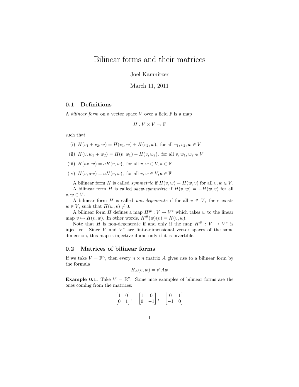 Bilinear Forms and Their Matrices