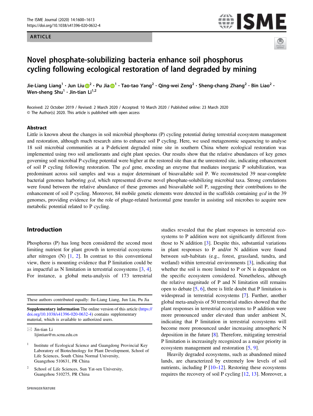 Novel Phosphate-Solubilizing Bacteria Enhance Soil Phosphorus Cycling Following Ecological Restoration of Land Degraded by Mining