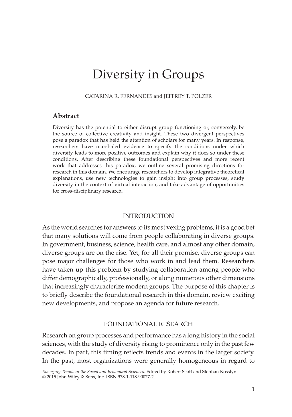 "Diversity in Groups" In: Emerging Trends in the Social and Behavioral