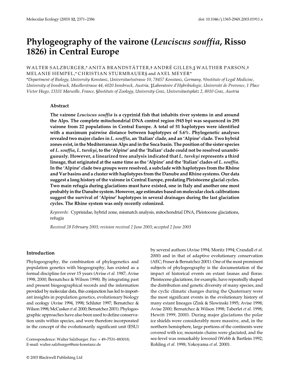 Phylogeography of the Vairone (Leuciscus Souffia