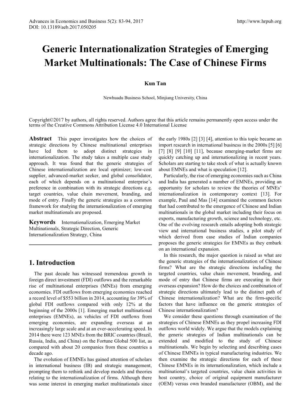 Generic Internationalization Strategies of Emerging Market Multinationals: the Case of Chinese Firms