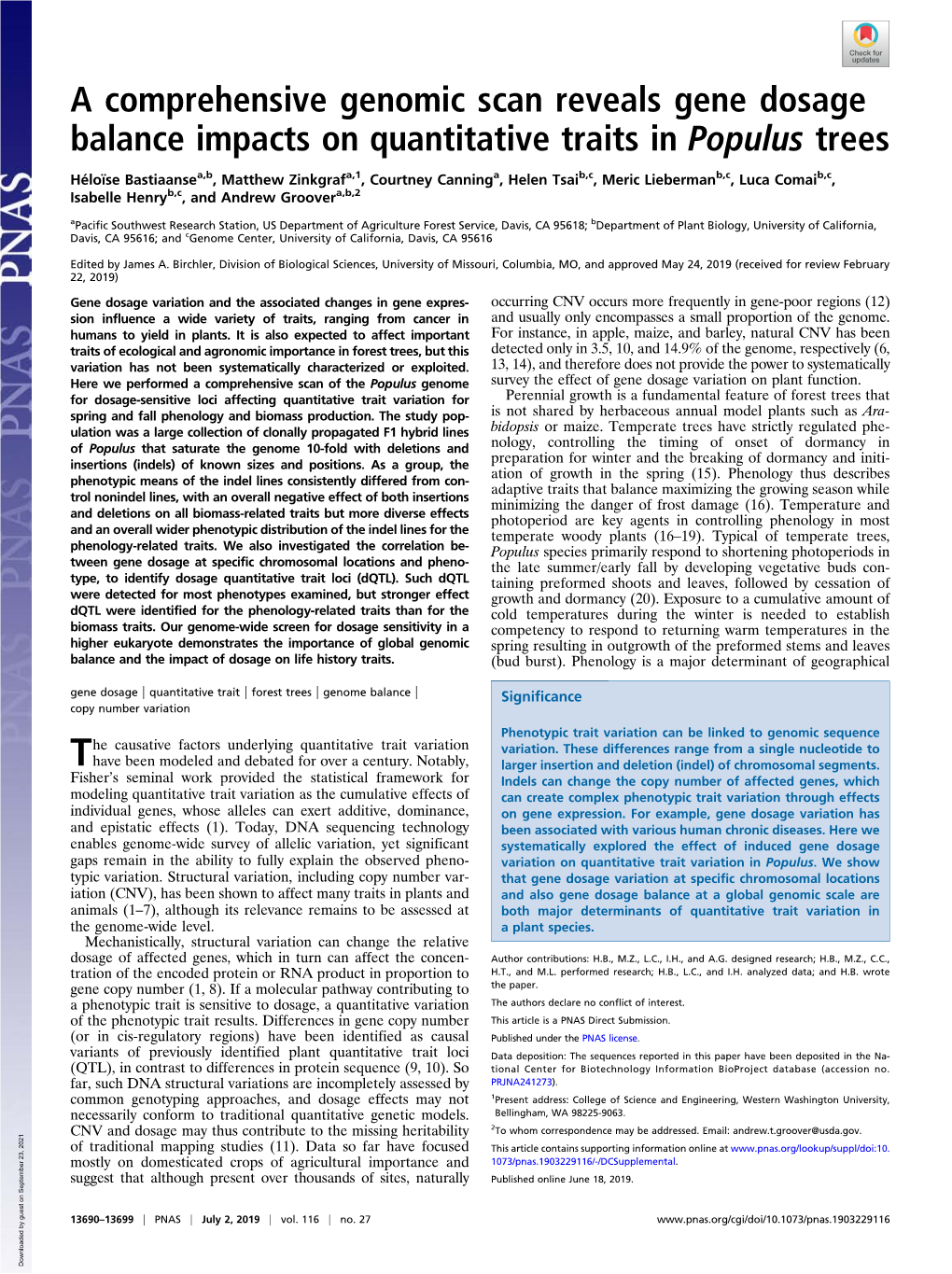 A Comprehensive Genomic Scan Reveals Gene Dosage Balance Impacts on Quantitative Traits in Populus Trees