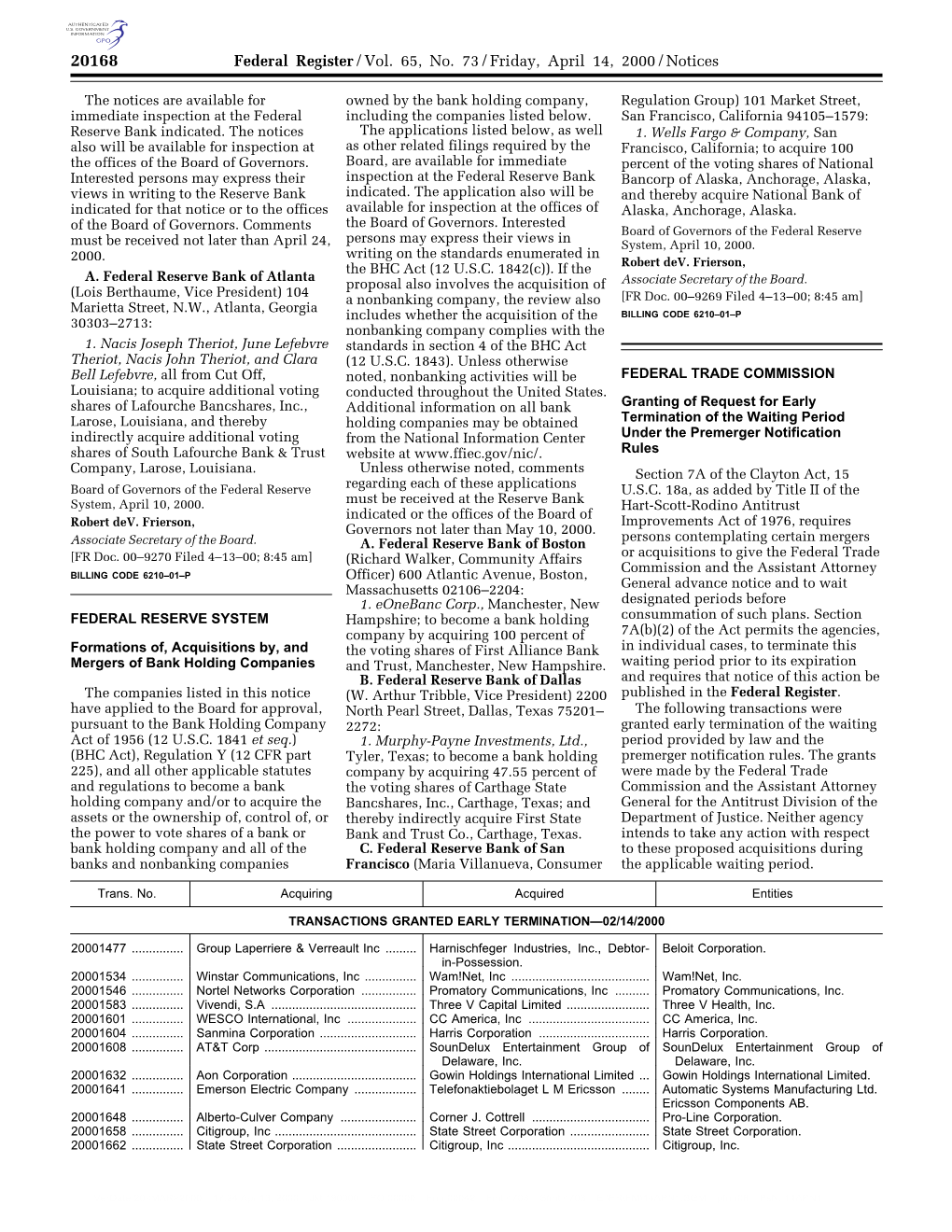 Federal Register/Vol. 65, No. 73/Friday, April 14, 2000/Notices