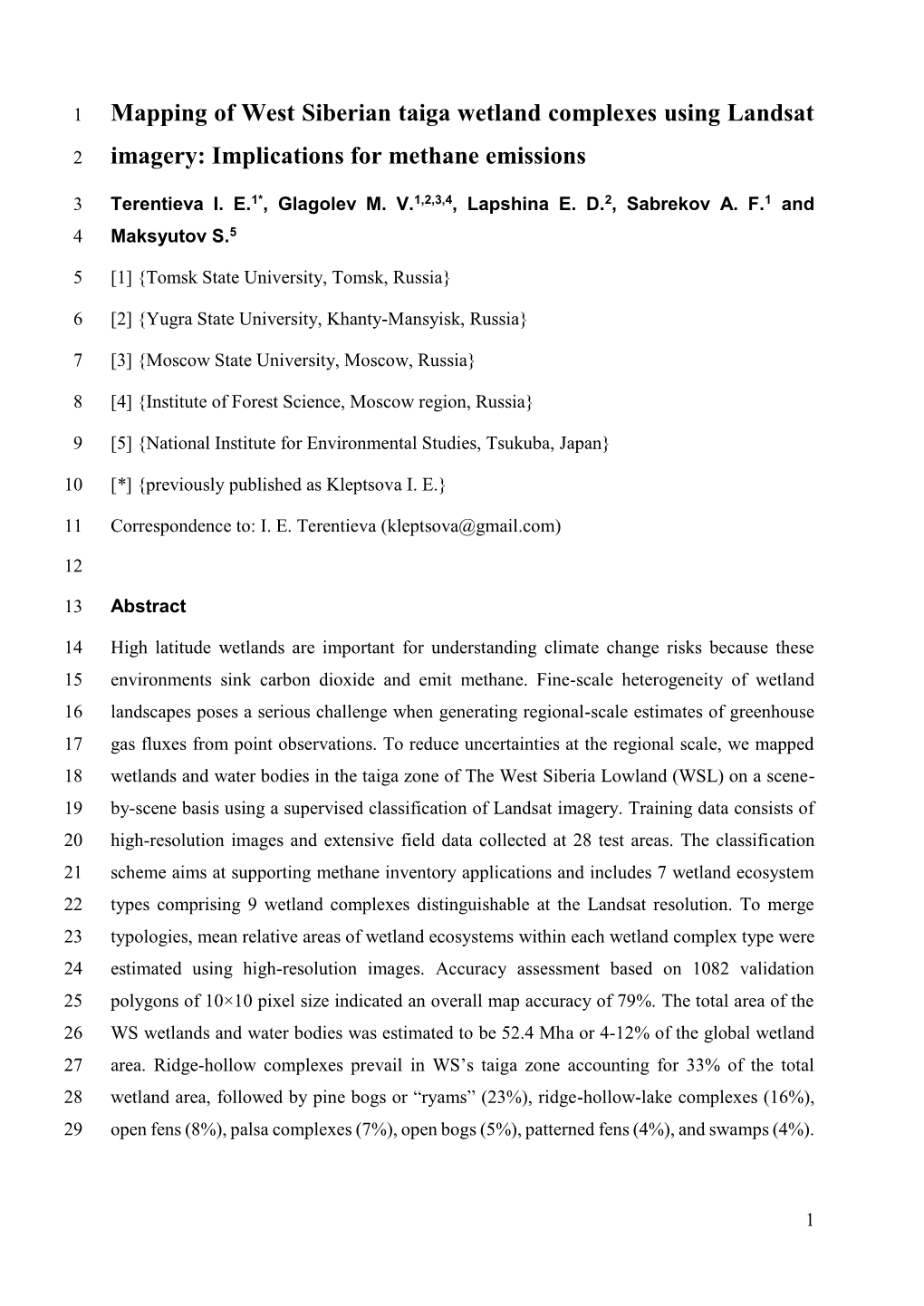 Wetland Mapping of West Siberian Taiga Zone Using Landsat Imagery