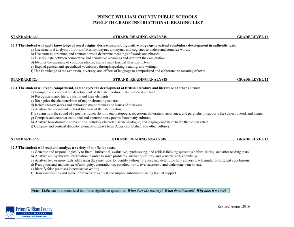 Prince William County Public Schools Twelfth Grade Instructional Reading List