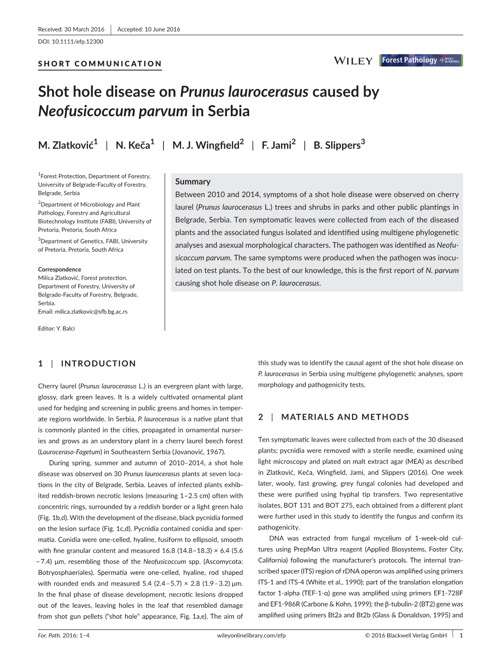 Shot Hole Disease on Prunus Laurocerasus Caused by Neofusicoccum Parvum in Serbia