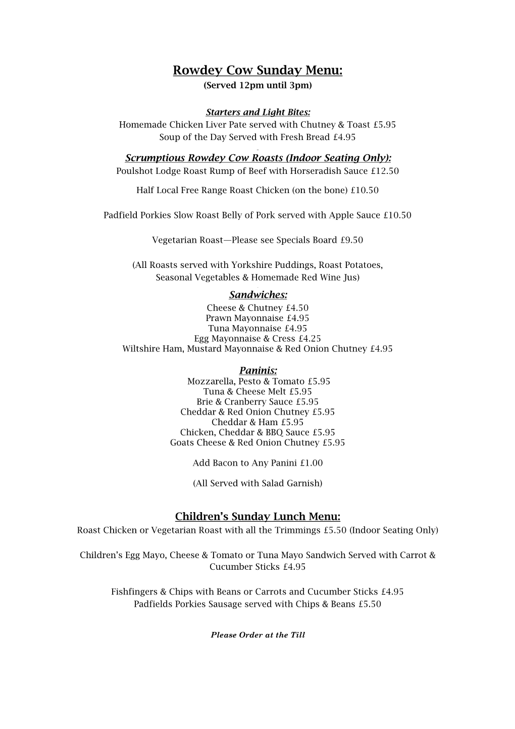 Rowdey Cow Sunday Menu: (Served 12Pm Until 3Pm)