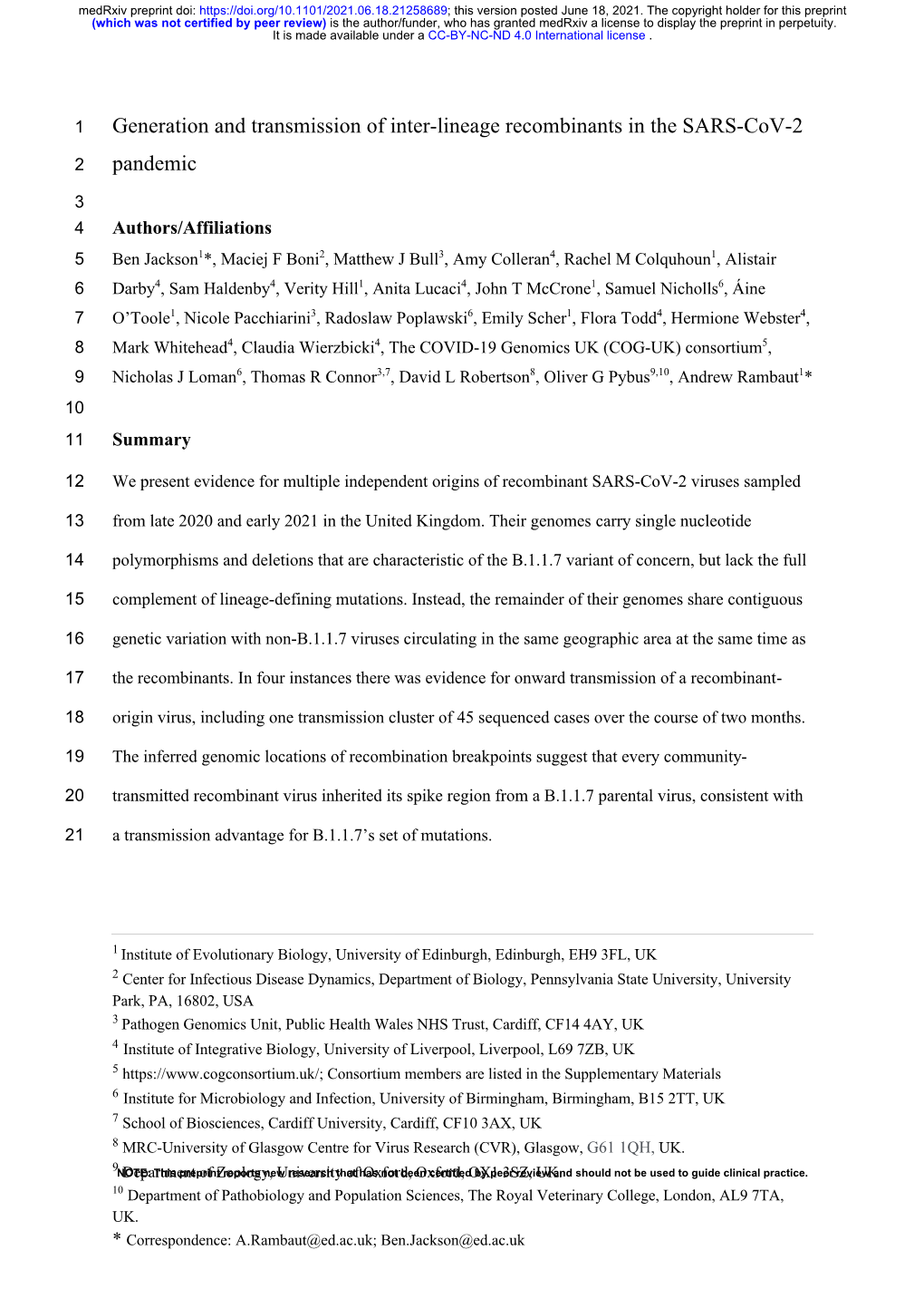 Generation and Transmission of Inter-Lineage Recombinants in the SARS-Cov-2