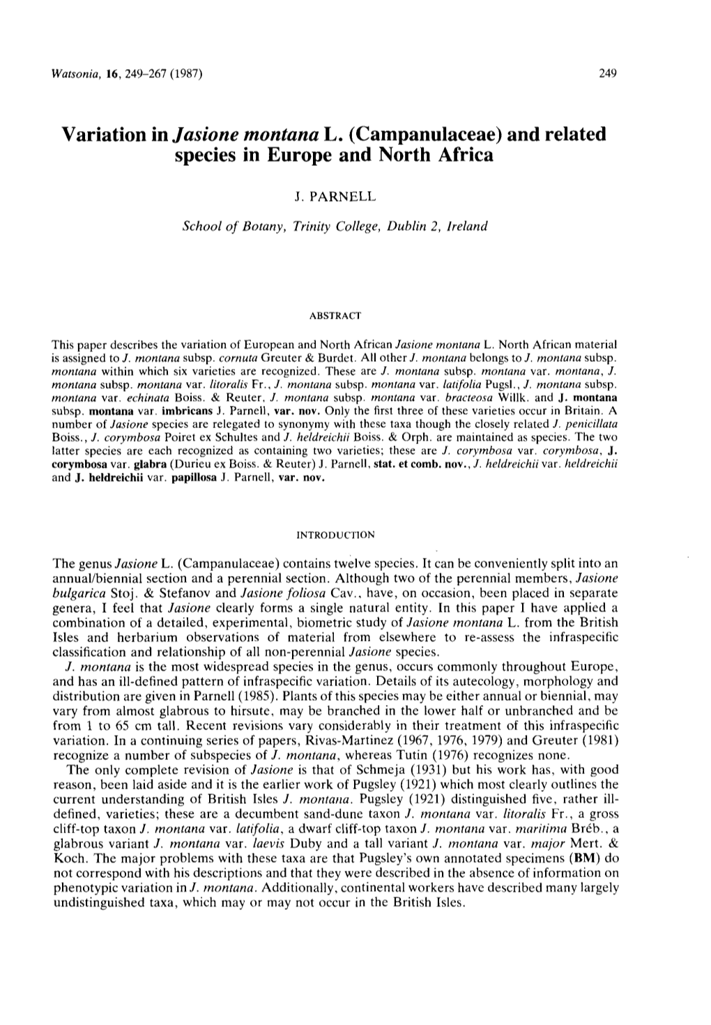 Variation in Jasione Montana L. (Campanulaceae) and Related Species in Europe and North Africa