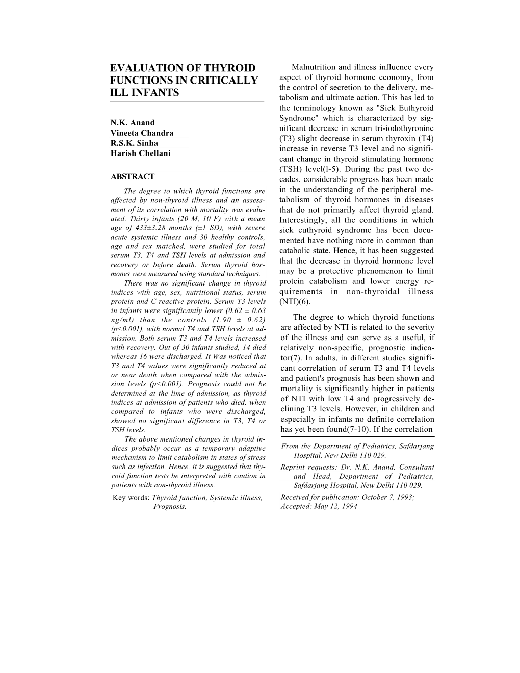 Evaluation of Thyroid Functions in Critically Ill