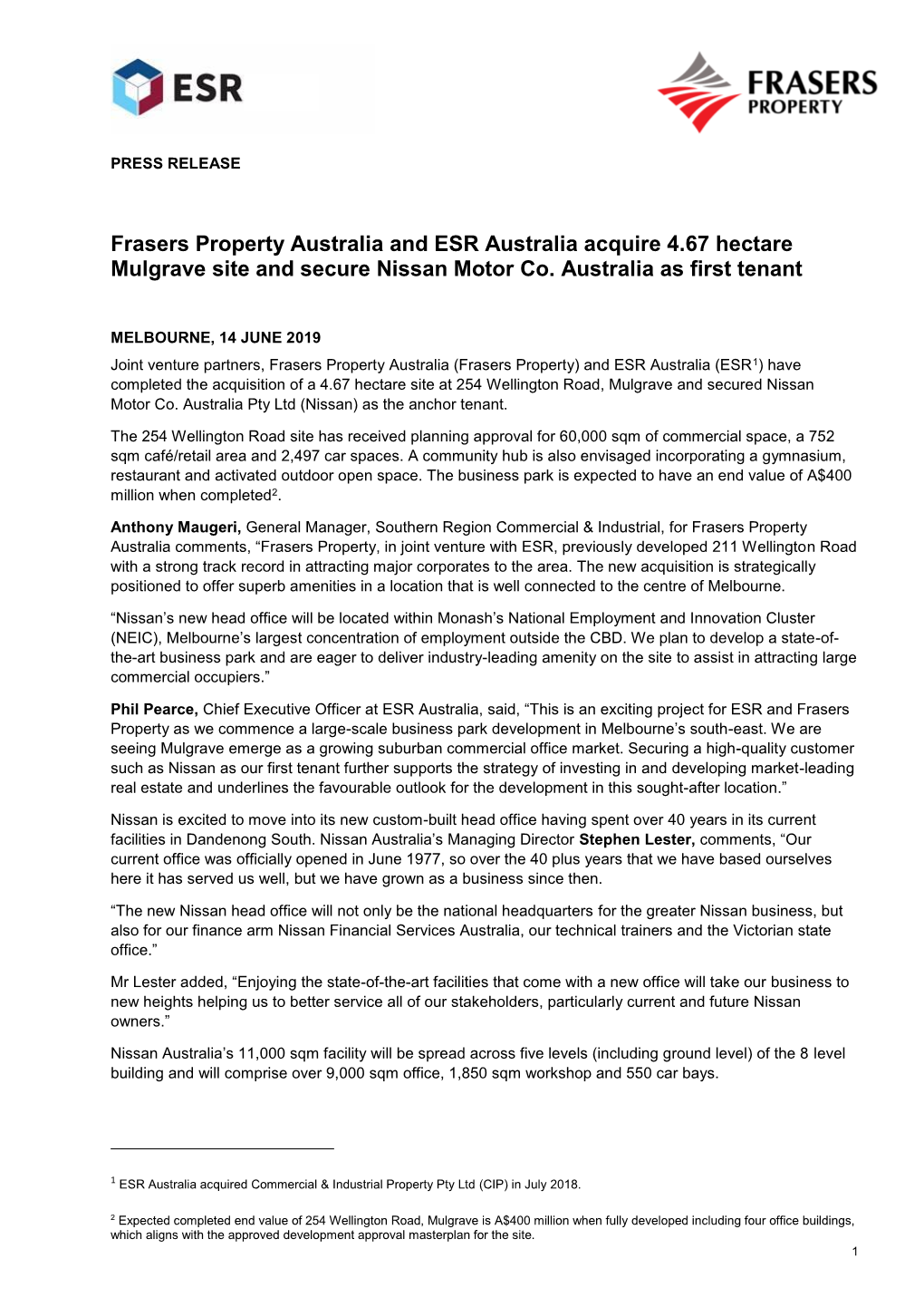 Frasers Property Australia and ESR Australia Acquire 4.67 Hectare Mulgrave Site and Secure Nissan Motor Co