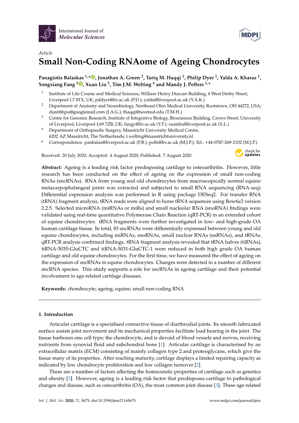 Small Non-Coding Rnaome of Ageing Chondrocytes