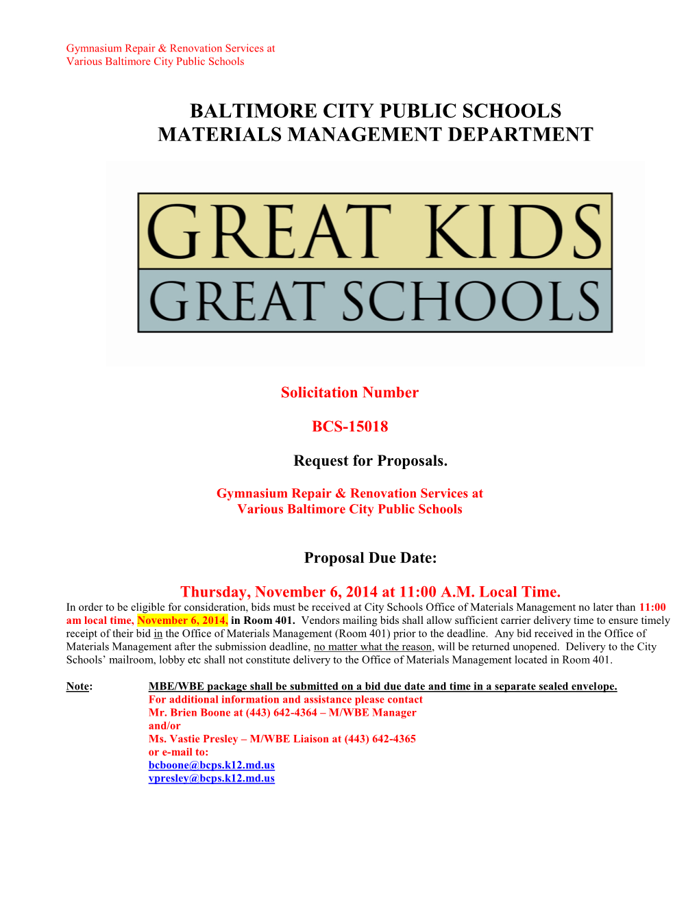 Baltimore City Public Schools Materials Management Department